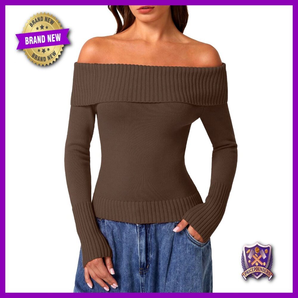 Off Shoulder Ribbed Cotton Pullover Sweater Women's Long Sleeve Slim Fit